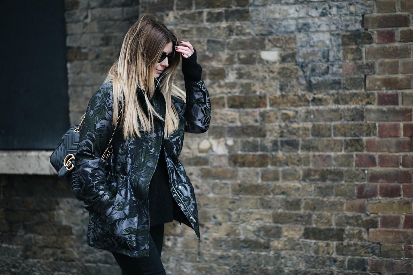 Emma Hill - EJSTYLE wears khaki & silver floral jacquard jacket, black sweater, medium Gucci Marmont bag