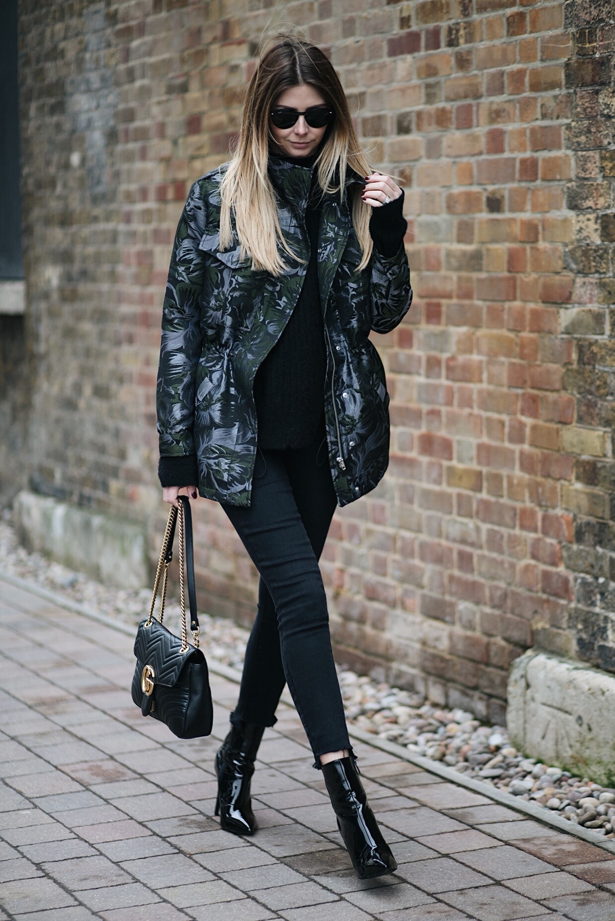Emma Hill - EJSTYLE wears khaki & silver floral jacquard jacket, black sweater, medium Gucci Marmont bag. black Paige skinny jeans, patent pic vinyl ankle boots, winter outfit