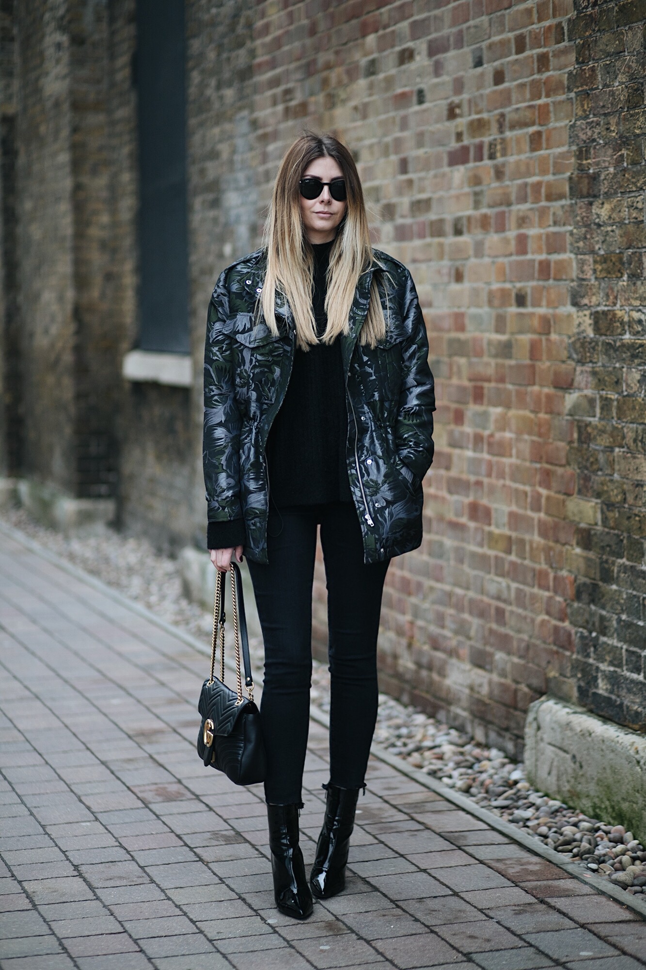Emma Hill - EJSTYLE wears khaki & silver floral jacquard jacket, black sweater, medium Gucci Marmont bag. black Paige skinny jeans, patent pic vinyl ankle boots, winter outfit