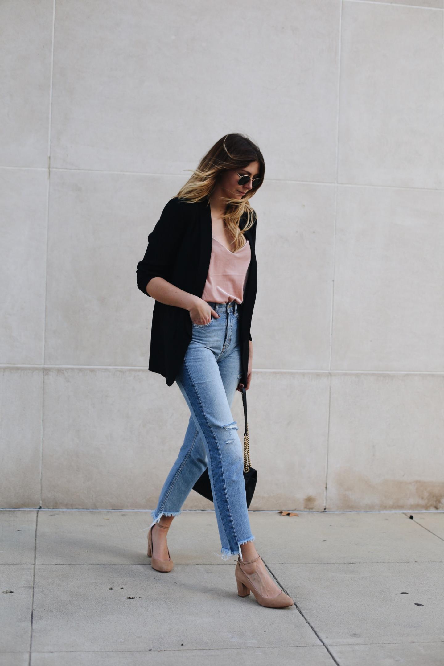 Emma Hill wears pink velvet came top, black blazer, ripped hem frayed jeans, Gucci Marmont bag, beige suede mid heels Emma Hill wears pink velvet came top, black blazer, ripped hem frayed jeans, Gucci Marmont bag, beige suede mid heels