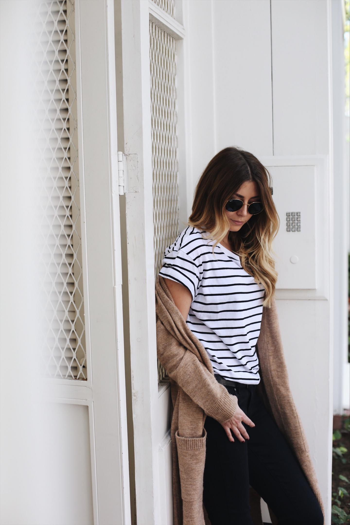 camel cardigan, stripe t-shirt camel cardigan, stripe t-shirt