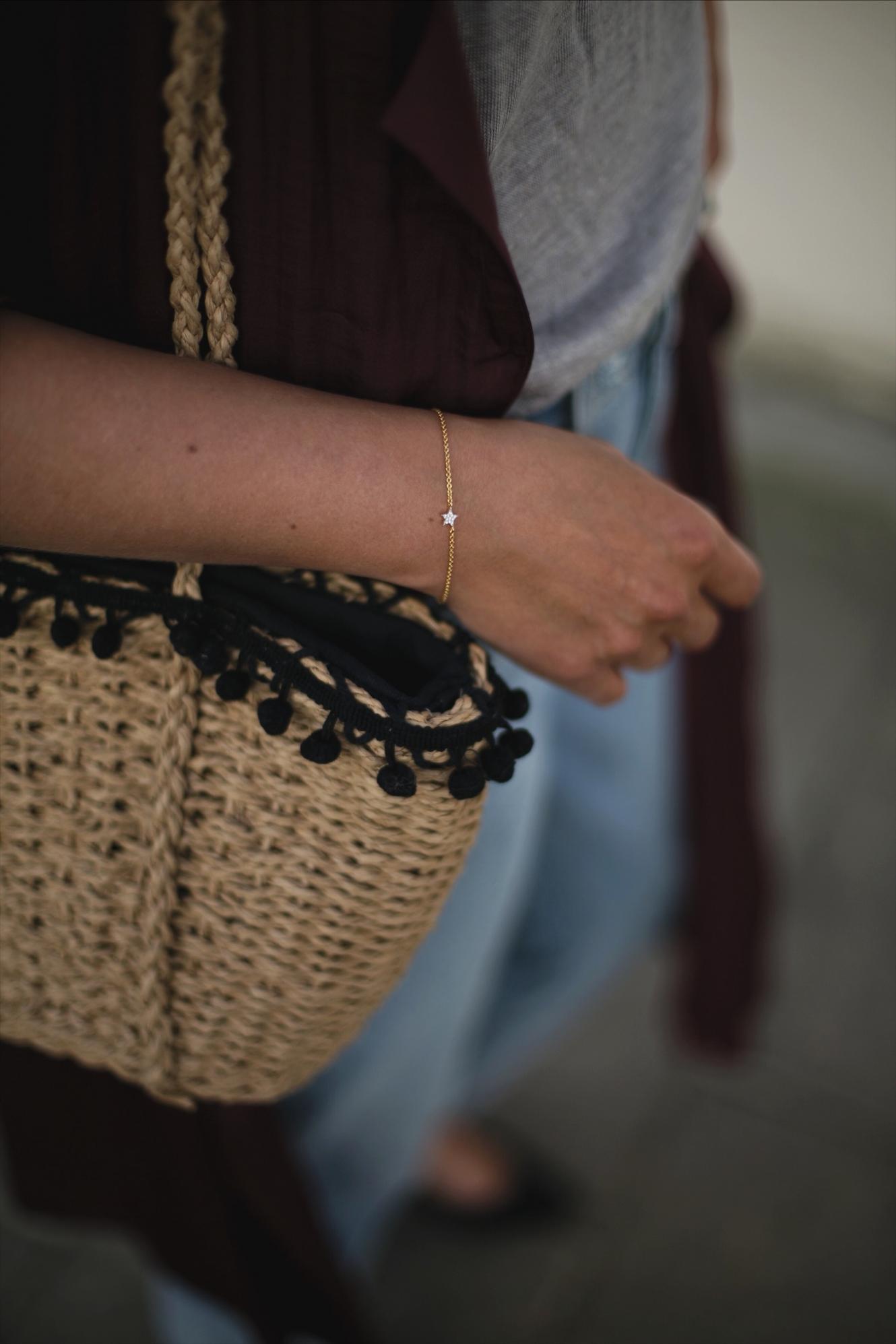 dainty gold pave star bracelet, straw basket bag, outfit details