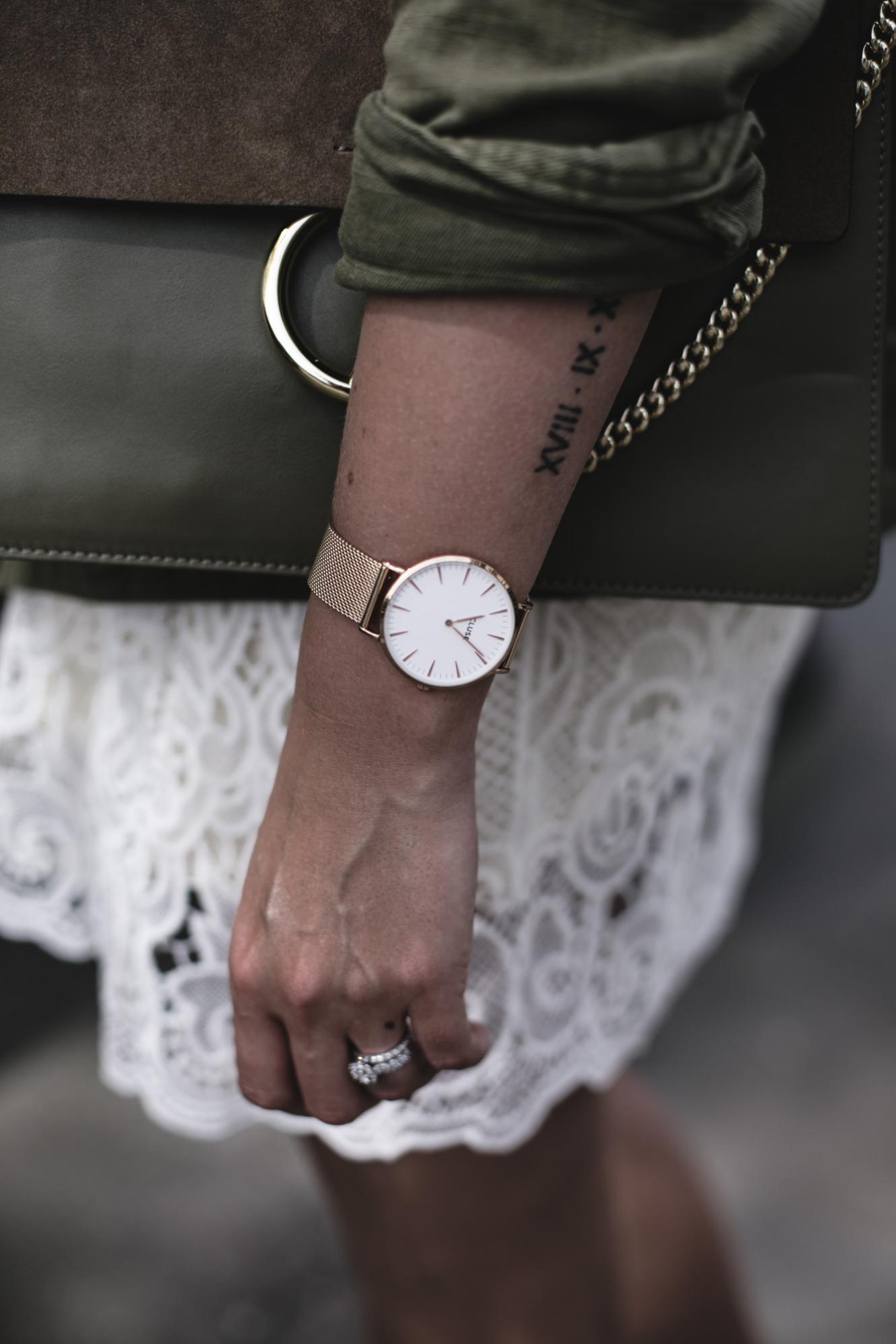 EJ Style | Gold Cluse watch, khaki jacket, Chloe Faye bag, cream lace dress