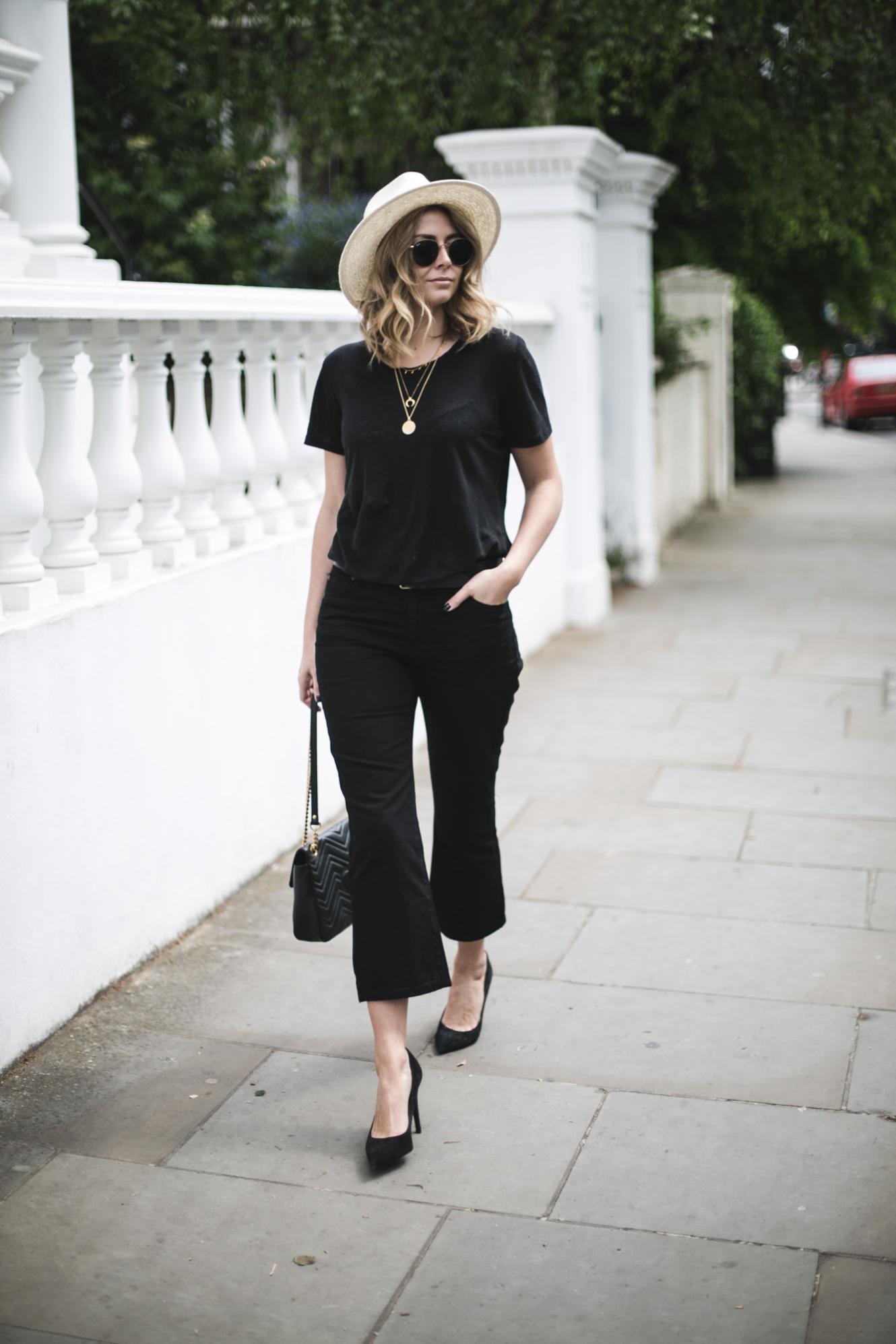 Emma Hill wearing an all black outfit with Panama hat for Spring