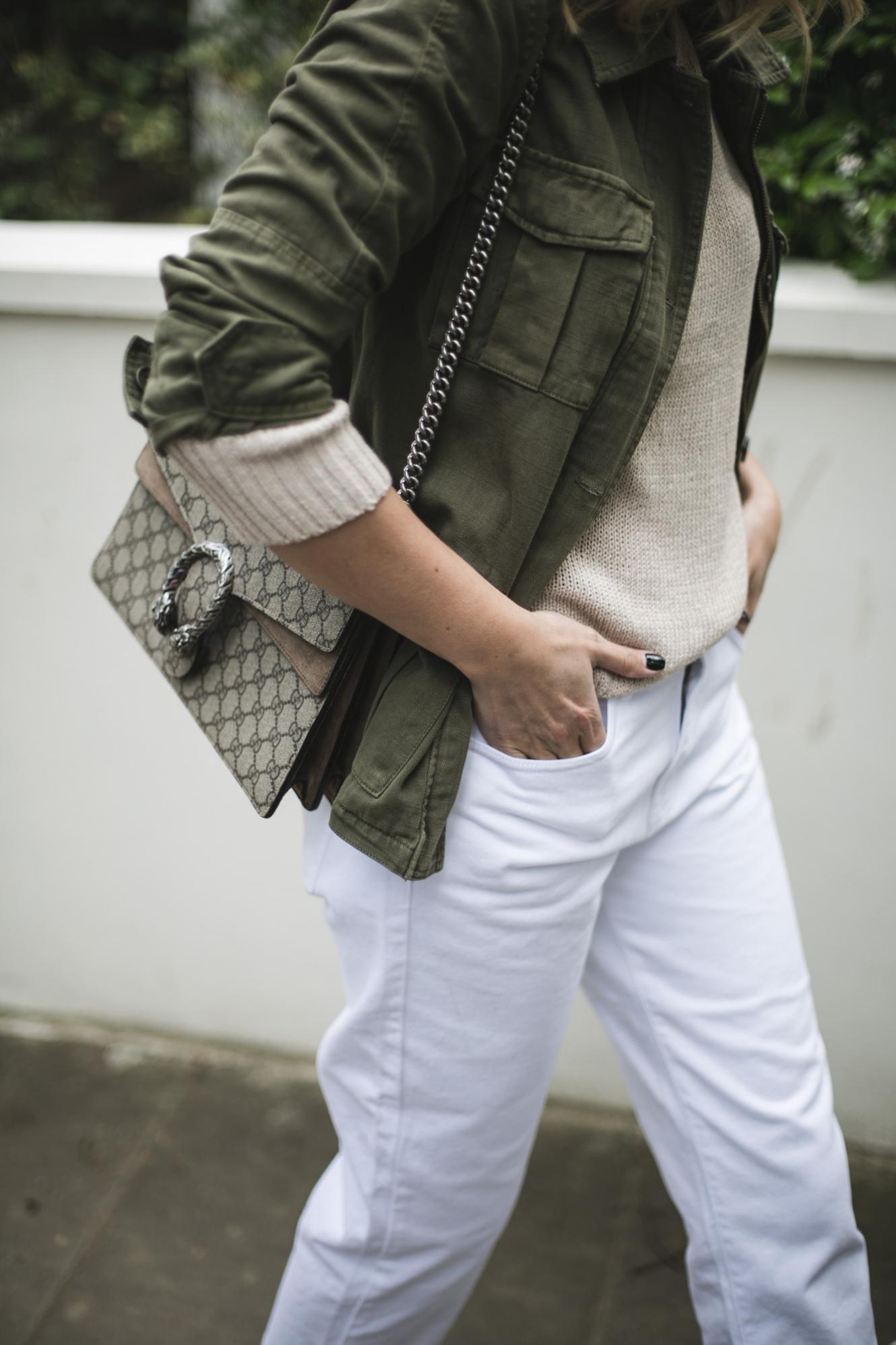 khaki jacket, beige knit sweater, white jeans, Gucci Dionysus bag khaki jacket, beige knit sweater, white jeans, Gucci Dionysus bag