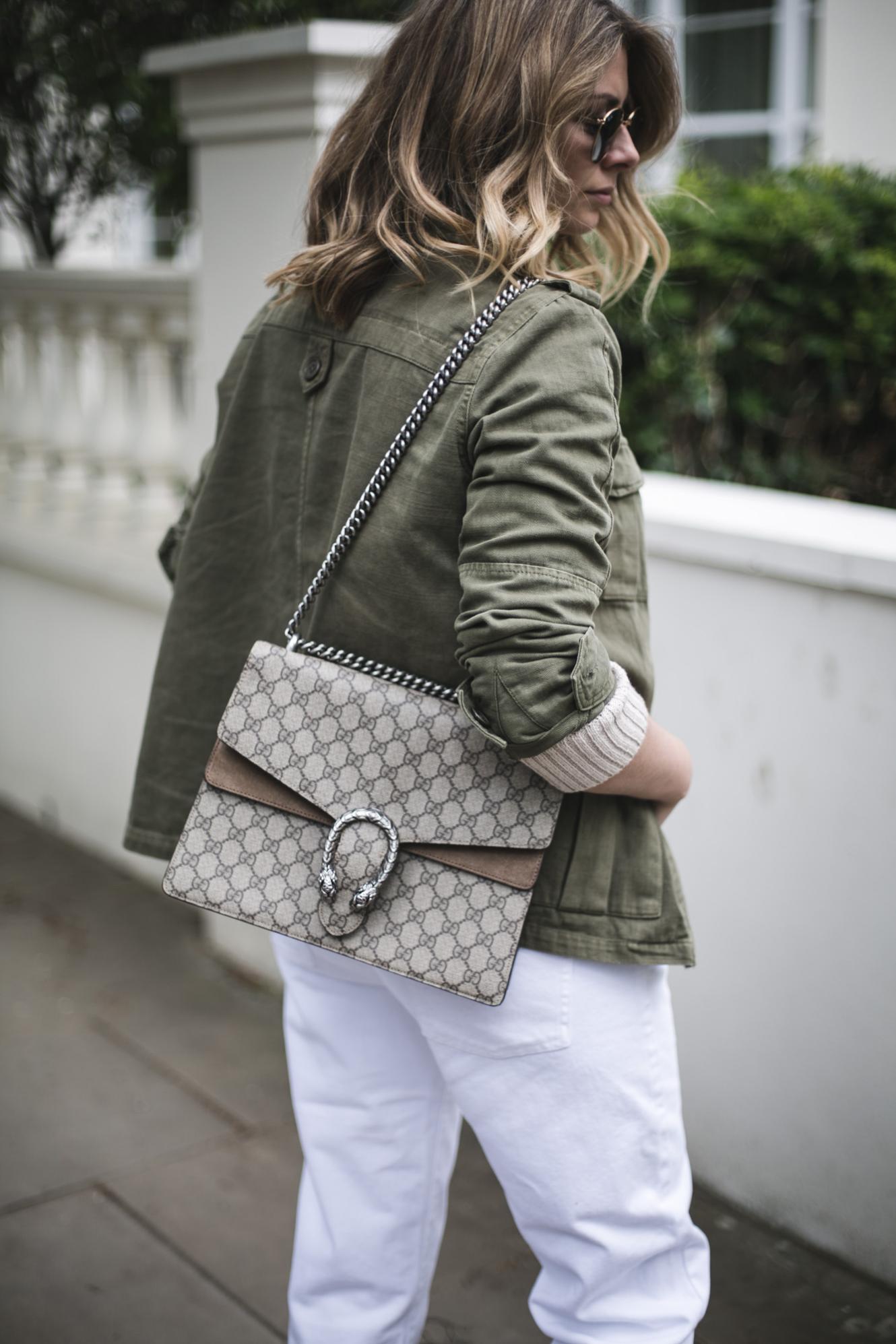 Khaki army jacket, Gucci Dionysus medium bag, white jeans Khaki army jacket, Gucci Dionysus medium bag, white jeans