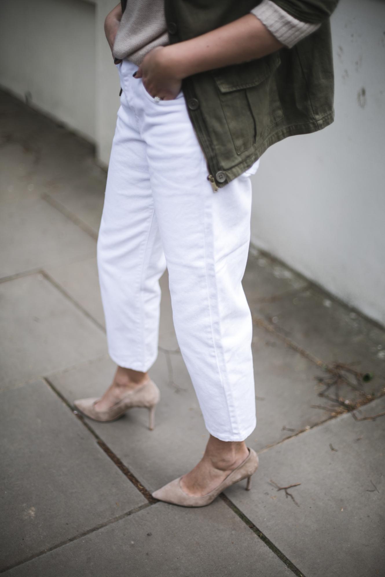 white loose fit jeans, khaki jacket, beige suede Jimmy Choo Romy pumps white loose fit jeans, khaki jacket, beige suede Jimmy Choo Romy pumps
