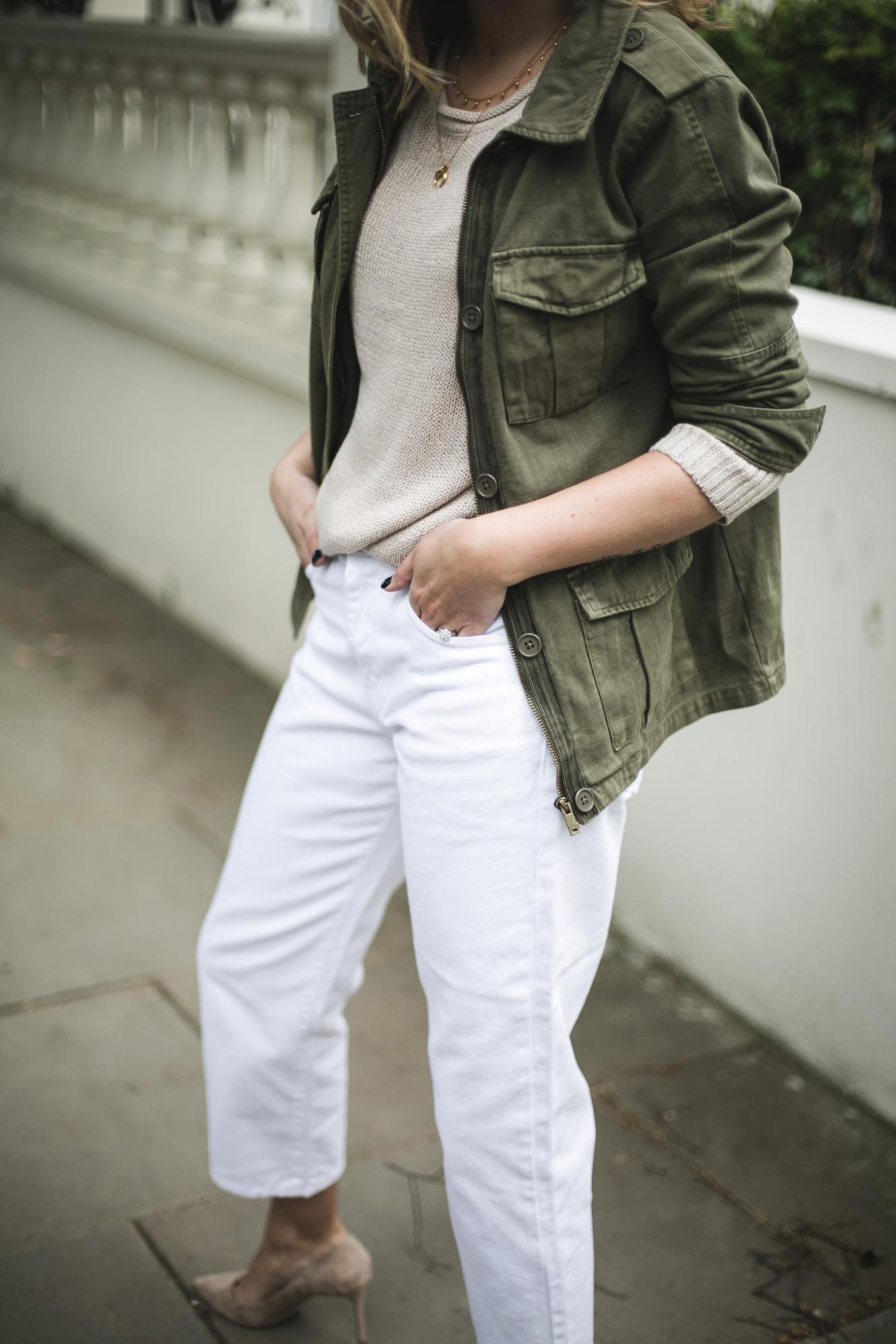 khaki army utility jacket, beige jumper, white mom jeans, layered gold necklaces, beige suede Jimmy Choo Romy 85 pumps, Spring outfit khaki army utility jacket, beige jumper, white mom jeans, layered gold necklaces, beige suede Jimmy Choo Romy 85 pumps, Spring outfit