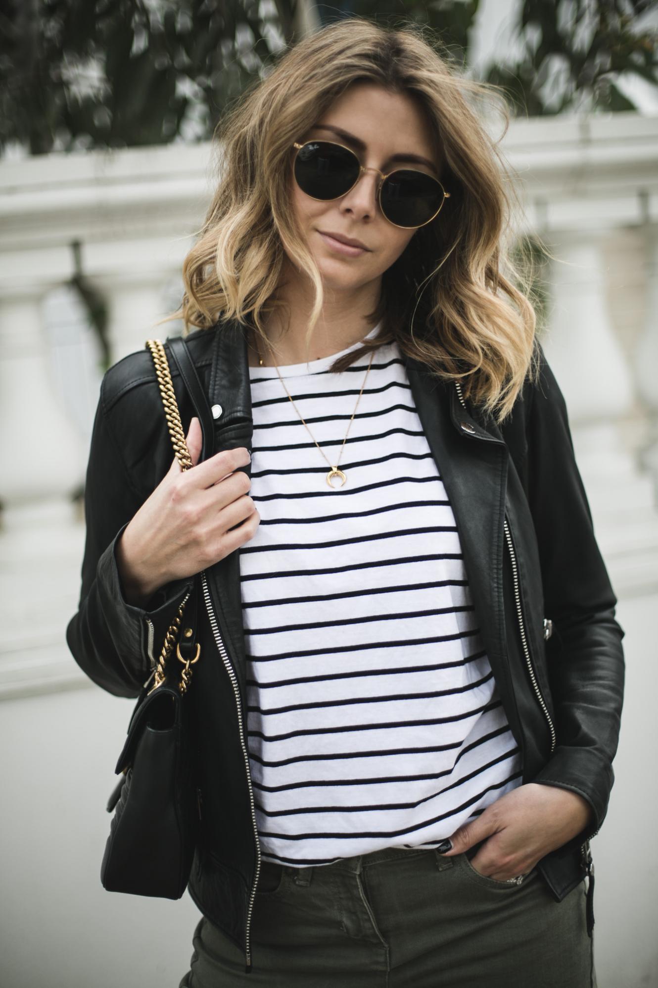 Emma Hill of EJSTYLE wears black leather biker jacket, stripe t-shirt, wide leg khaki trousers, Gucci Marmont bag Emma Hill of EJSTYLE wears black leather biker jacket, stripe t-shirt, wide leg khaki trousers, Gucci Marmont bag