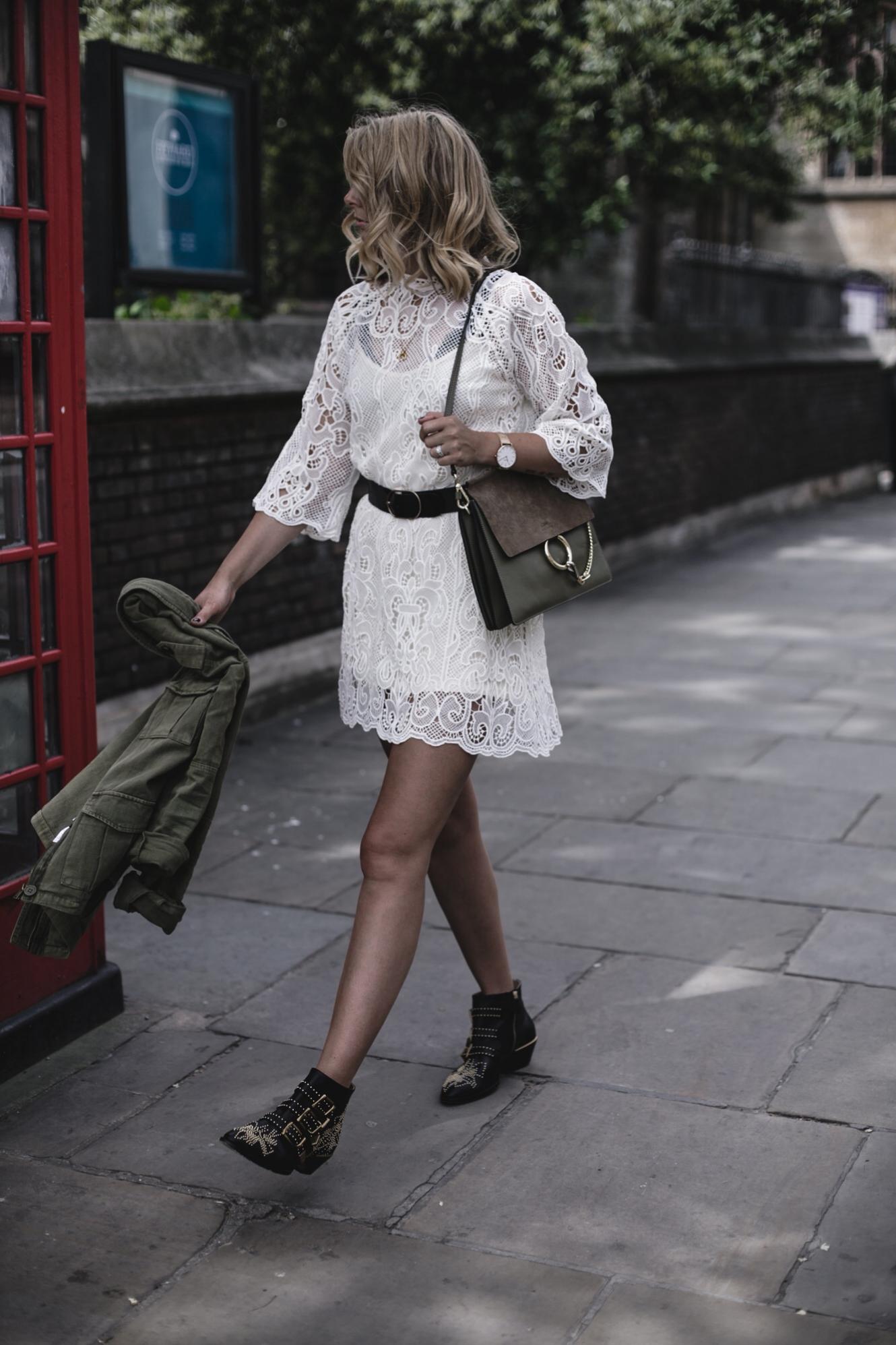 EJ Style | Cream lace dress, black waist belt, khaki jacket, Chloe Faye bag, Chloe Susanna boots, Summer outfit