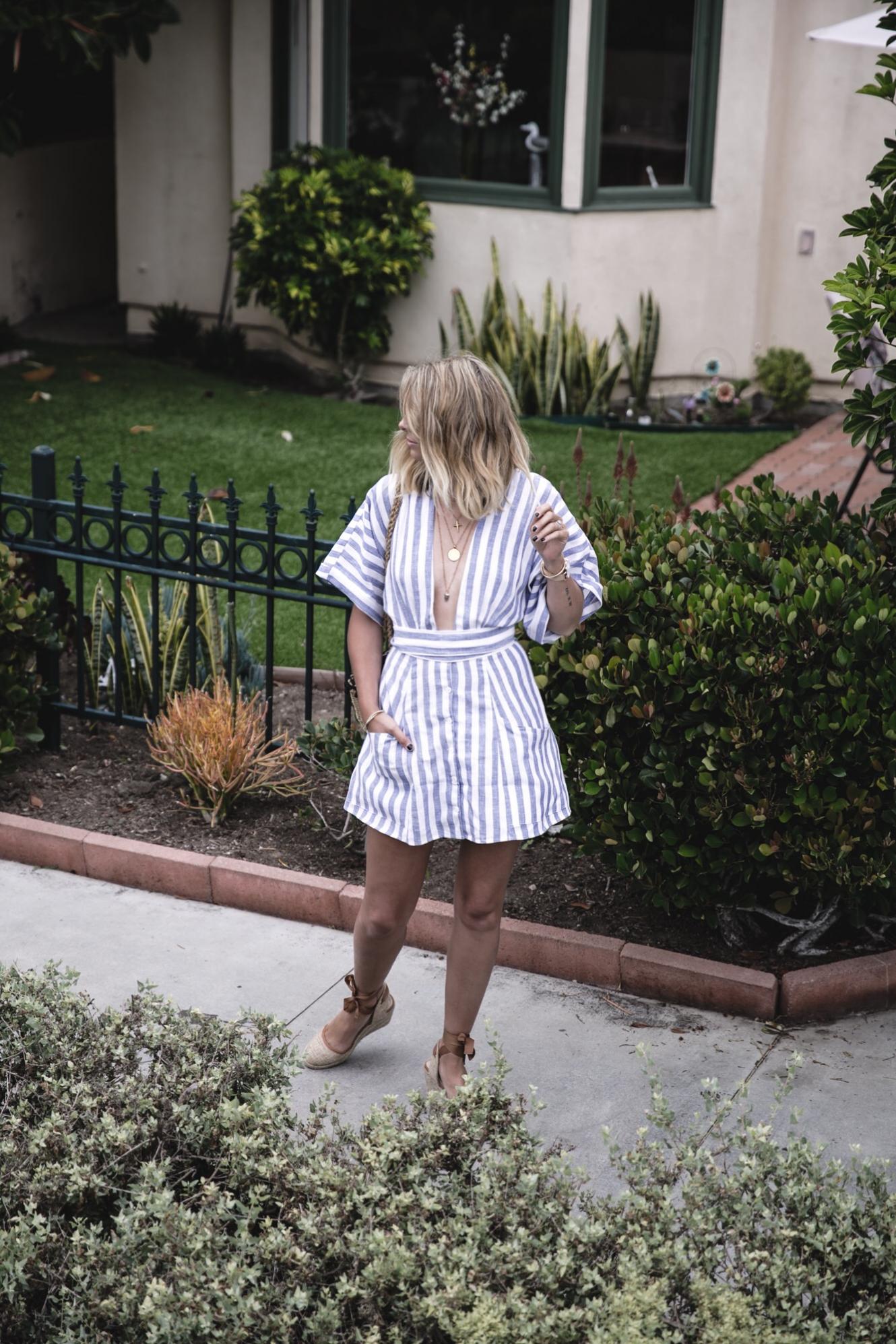 EJ Style | Blue white stripe linen dress by Reformation, ASOS wedge espadrilles, Venice canals in Los Angeles California
