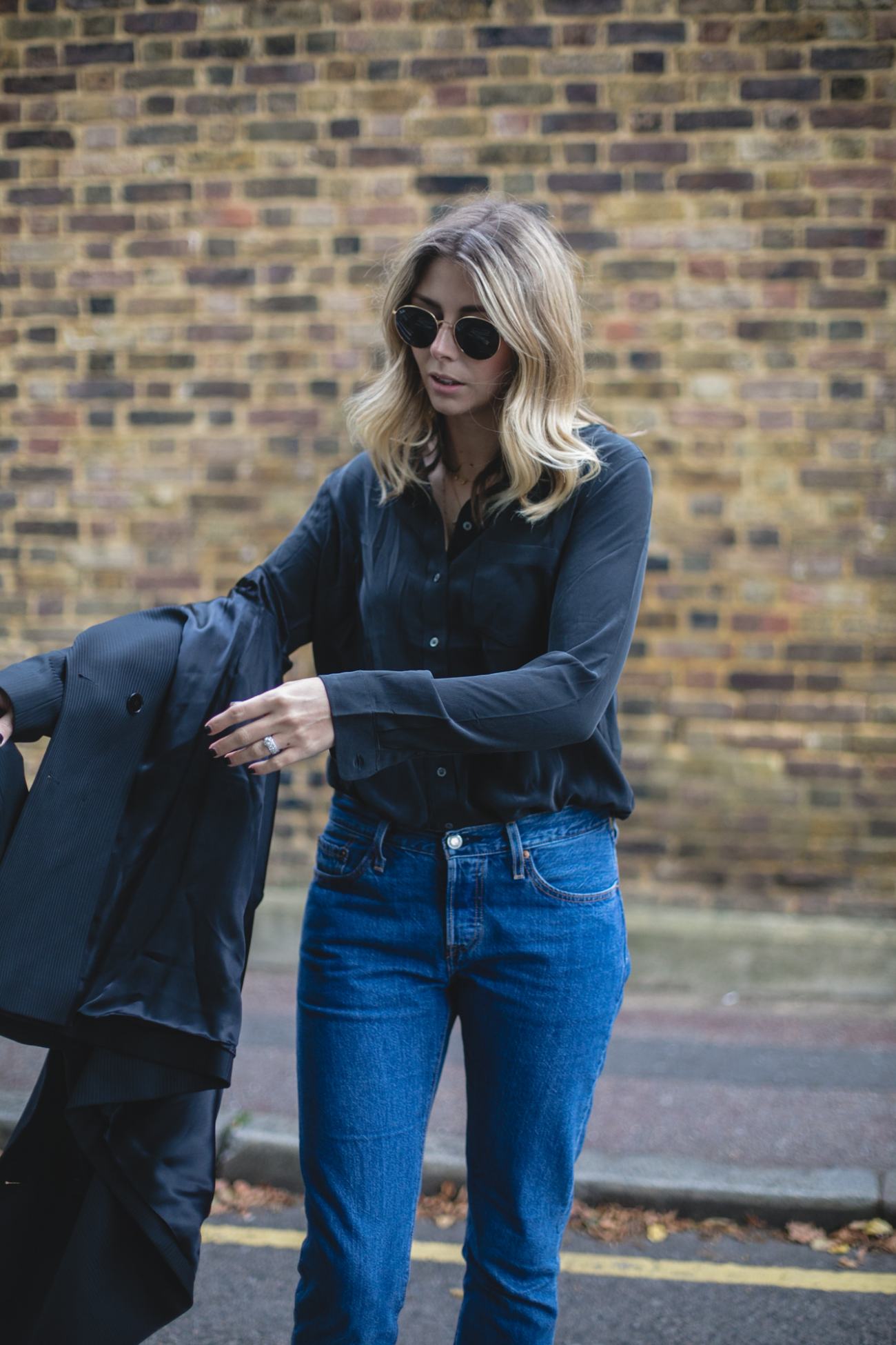 Autumn Wardrobe Staples | Emma Hill wears Levis black silk shirt