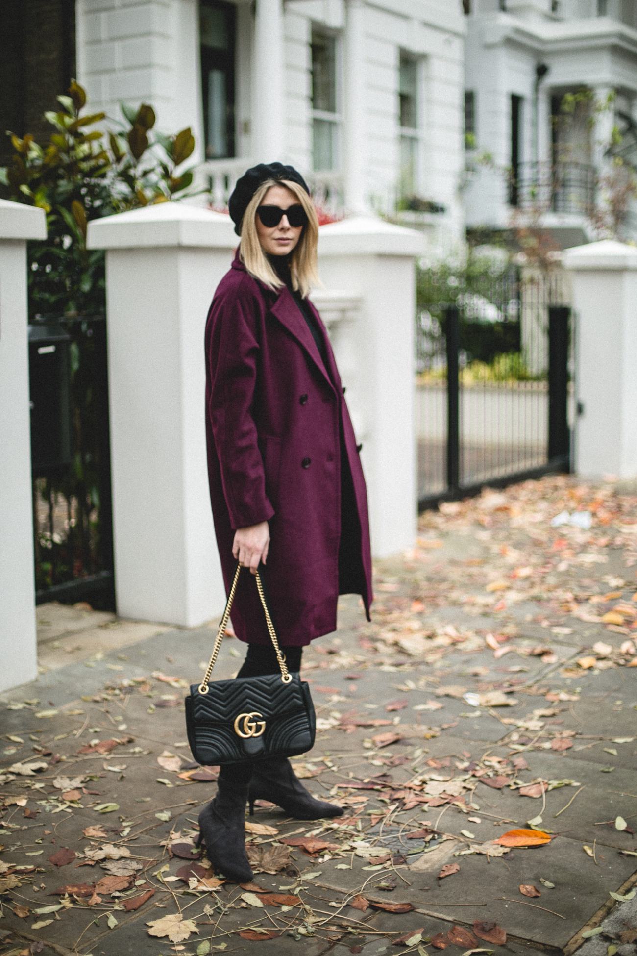 Emma Hill style, burgundy Celine Trio, beige wool blazer, Dear Frances  Spirit boots, washed black s…