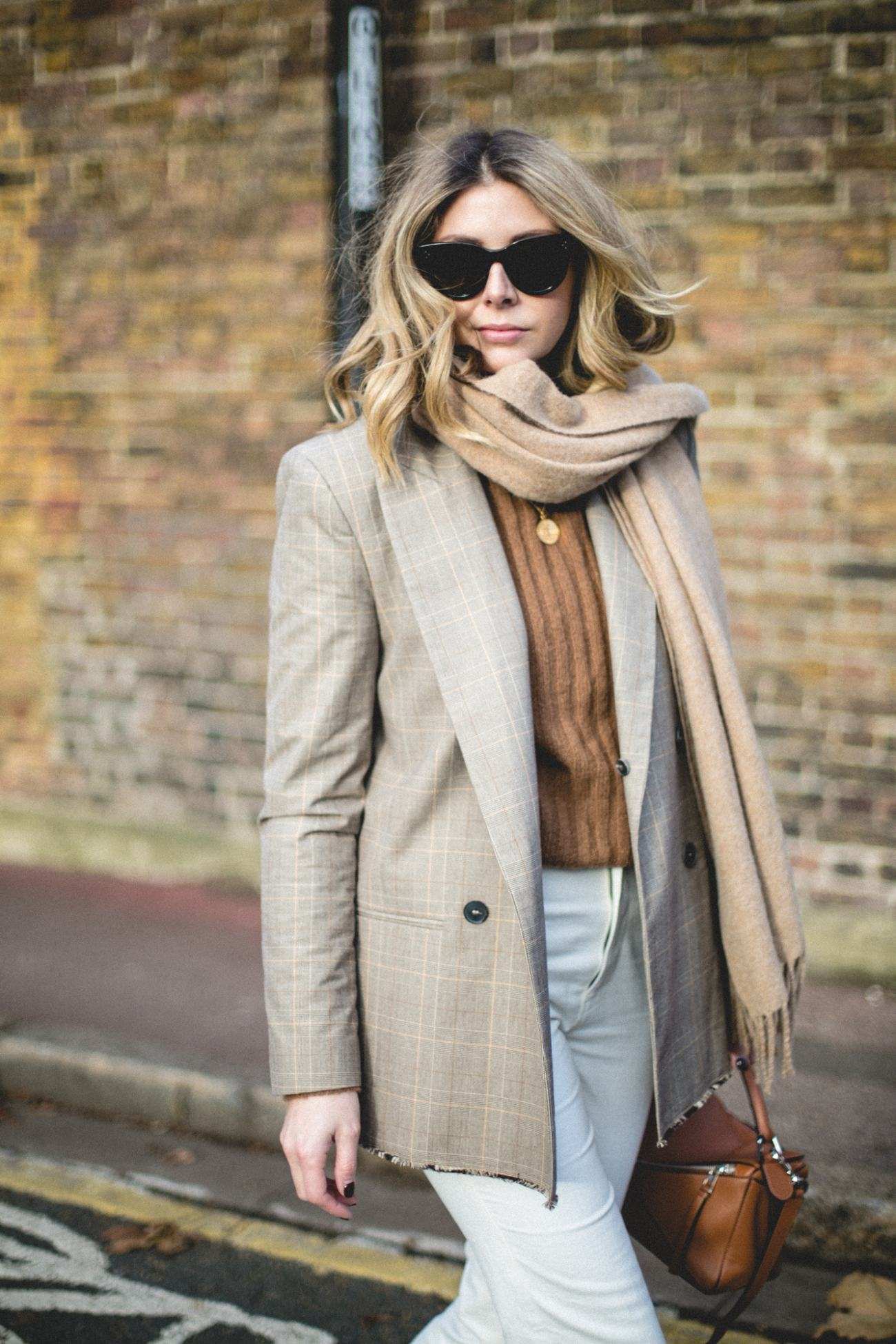 Emma Hill style, burgundy Celine Trio, beige wool blazer, Dear