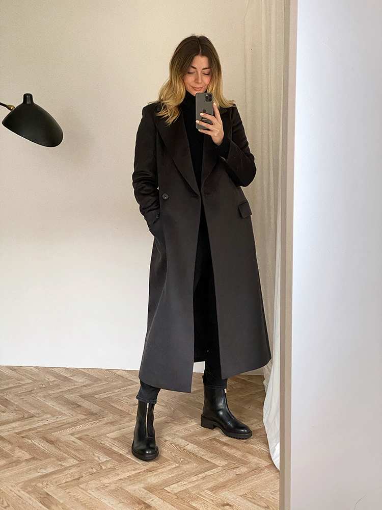 Grey long coat, black zip boots Grey long coat, black zip boots