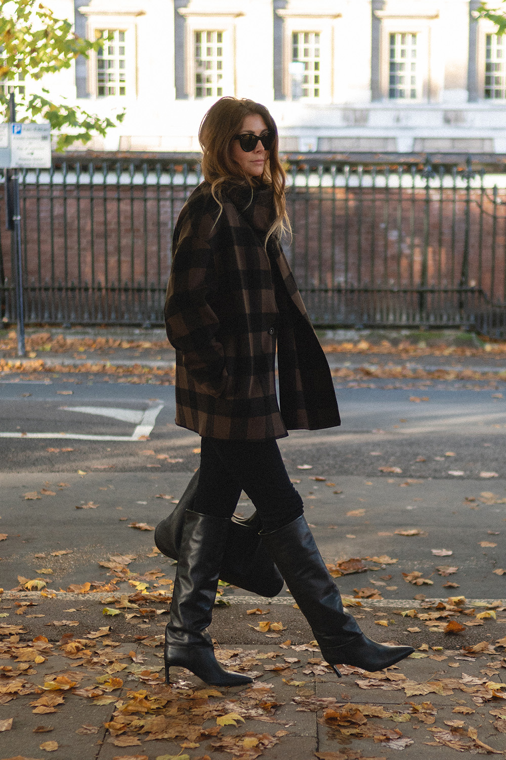 BLOG Emma Hill style. Brown checked wool jacket and scarf, black skinny trousers, black leather knee high heeled boots, The Row Everyday shoulder bag. Chic autumn fall outfit